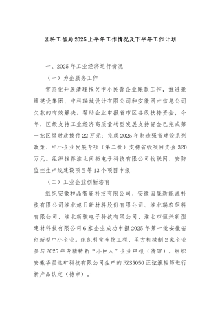 区科工信局2025上半年工作情况及下半年工作计划