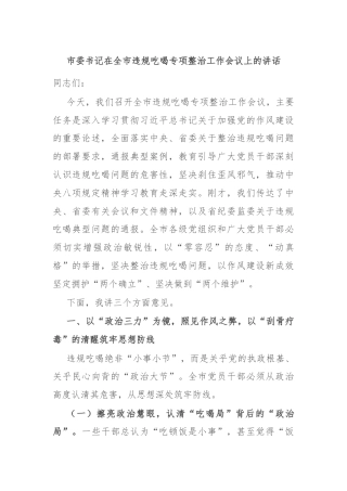 市委书记在全市违规吃喝专项整治工作会议上的讲话
