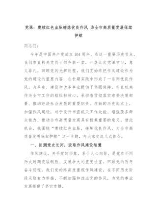 党课：赓续红色血脉锤炼优良作风 为全市高质量发展保驾护航