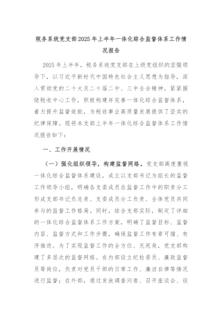 税务系统党支部2025年上半年一体化综合监督体系工作情况报告