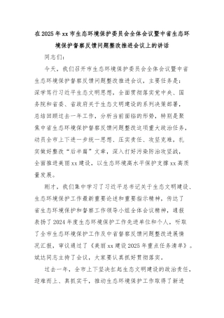 在2025年xx市生态环境保护委员会全体会议暨中省生态环境保护督察反馈问题整改推进会议上的讲话