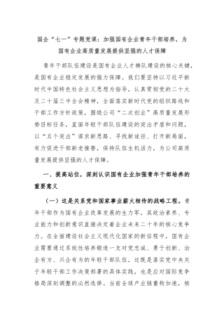 国企“七一”专题党课：加强国有企业青年干部培养，为国有企业高质量发展提供坚强的人才保障