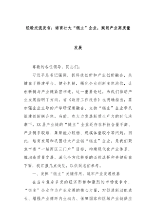 经验交流发言：培育壮大“链主”企业，赋能产业高质量发展