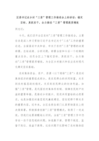 区委书记在乡村“三资”管理工作推进会上的讲话：锚定目标，真抓实干，全力推动“三资”管理提质增效