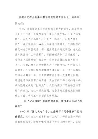 县委书记在全县集中整治违规吃喝工作会议上的讲话