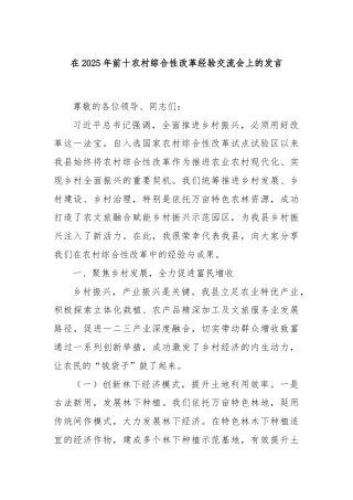 在2025年前十农村综合性改革经验交流会上的发言
