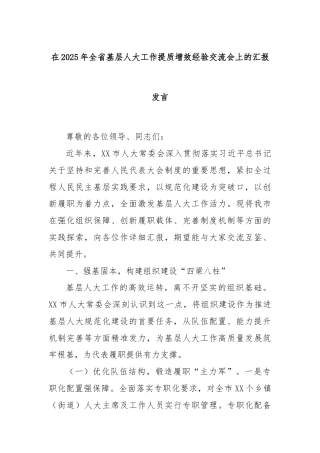 在2025年全省基层人大工作提质增效经验交流会上的汇报发言