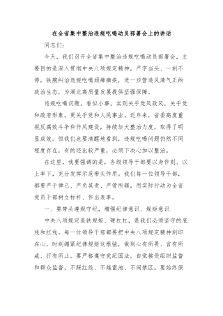 在全省集中整治违规吃喝动员部署会上的讲话