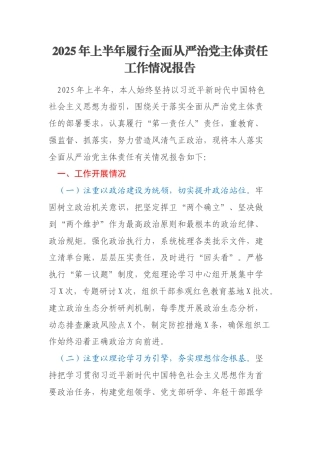2025年上半年履行全面从严治党主体责任工作情况报告