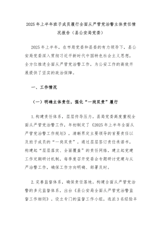 2025年上半年班子成员履行全面从严管党治警主体责任情况报告（县公安局党委）