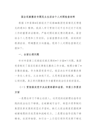 国企巡察整改专题民主生活会个人对照检查材料