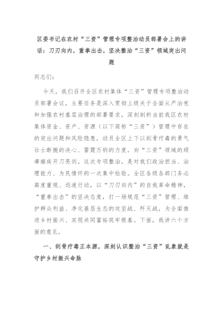 区委书记在农村“三资”管理专项整治动员部署会上的讲话：刀刃向内，重拳出击，坚决整治“三资”领域突出问题