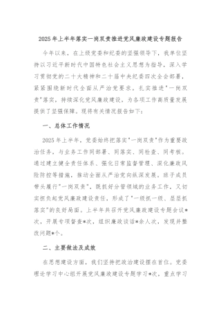 2025年上半年落实一岗双责推进党风廉政建设专题报告