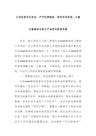 公司纪委书记发言：严守纪律规矩、筑牢作风防线，以案为鉴推动全面从严治党向纵深发展
