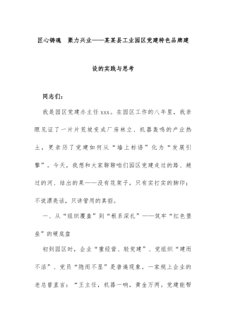 匠心铸魂 聚力兴业——某某县工业园区党建特色品牌建设的实践与思考