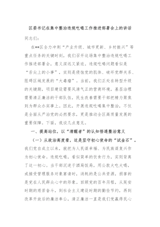 区委书记在集中整治违规吃喝工作推进部署会上的讲话