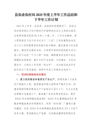 县农业农村局2025年度上半年工作总结和下半年工作计划