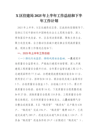 X区住建局2025年上半年工作总结和下半年工作计划