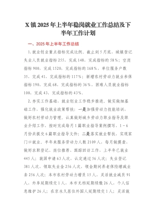 X镇2025年上半年稳岗就业工作总结及下半年工作计划