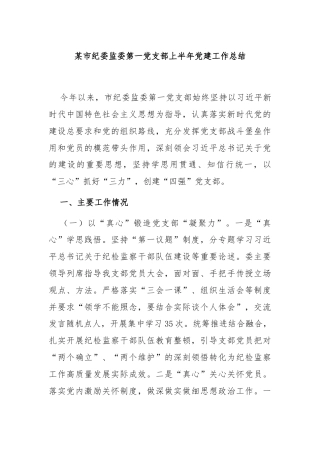某市纪委监委第一党支部上半年党建工作总结