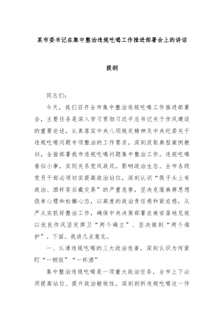 某市委书记在集中整治违规吃喝工作推进部署会上的讲话提纲