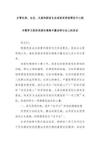 分管社保、生态、文旅的副省长在省政府党组理论中心组专题学习抓好违规吃喝集中整治研讨会上的发言