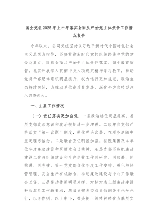 国企党组2025年上半年落实全面从严治党主体责任工作情况报告