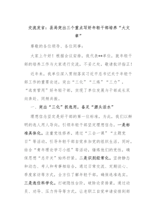 交流发言：县局突出三个重点写好年轻干部培养“大文章”