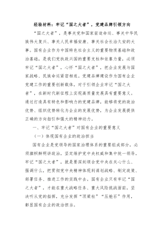经验材料：牢记“国之大者”，党建品牌引领方向
