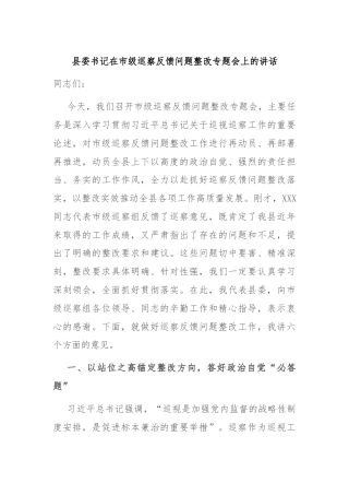 县委书记在市级巡察反馈问题整改专题会上的讲话