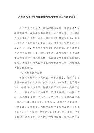 严肃党风党纪整治超标违规吃喝专题民主生活会发言