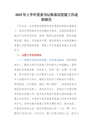 2025年上半年党委书记抓基层党建工作述职报告