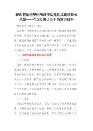 靶向整治违规吃喝顽疾构建作风建设长效机制——在XX研讨会上的发言材料