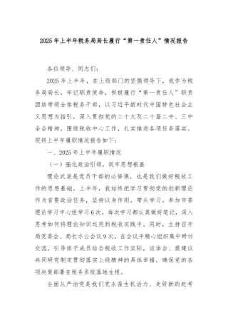 2025年上半年税务局局长履行“第一责任人”情况报告
