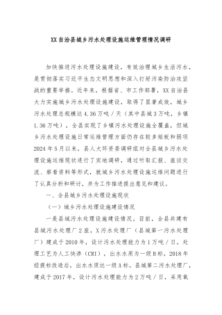 XX自治县城乡污水处理设施运维管理情况调研