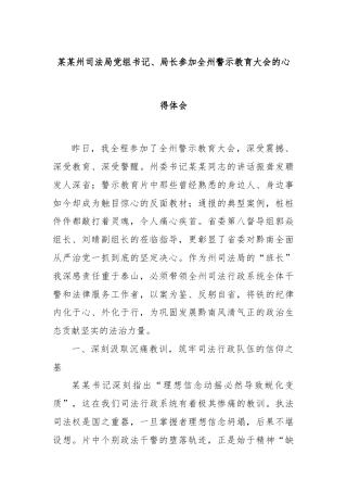 某某州司法局党组书记、局长参加全州警示教育大会的心得体会