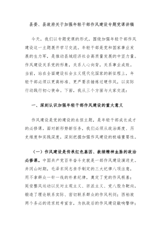 县委、县政府关于加强年轻干部作风建设专题党课讲稿