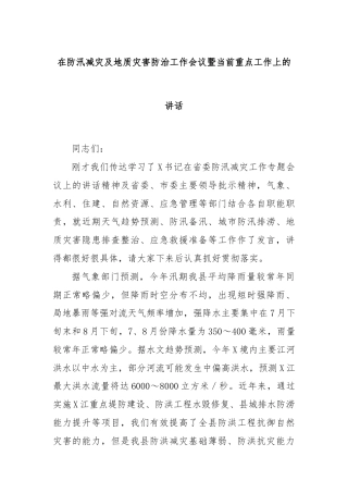 在防汛减灾及地质灾害防治工作会议暨当前重点工作上的讲话