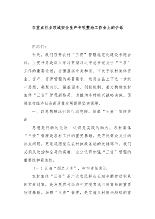 在重点行业领域安全生产专项整治工作会上的讲话