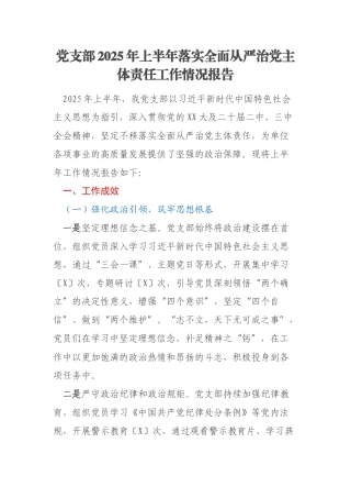 党支部2025年上半年落实全面从严治党主体责任工作情况报告