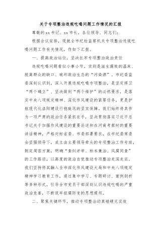 关于专项整治违规吃喝问题工作情况的汇报