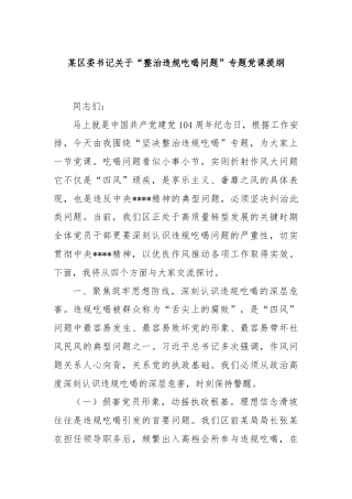 某区委书记关于“整治违规吃喝问题”专题党课提纲