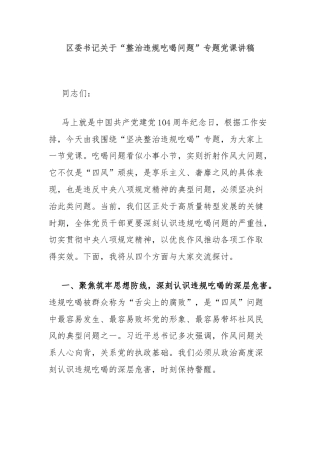 区委书记关于“整治违规吃喝问题”专题党课讲稿