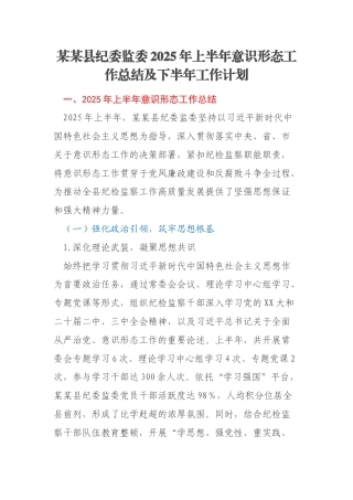 某某县纪委监委2025年上半年意识形态工作总结及下半年工作计划