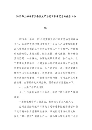 2025年上半年落实全面从严治党工作情况总结报告（公司）