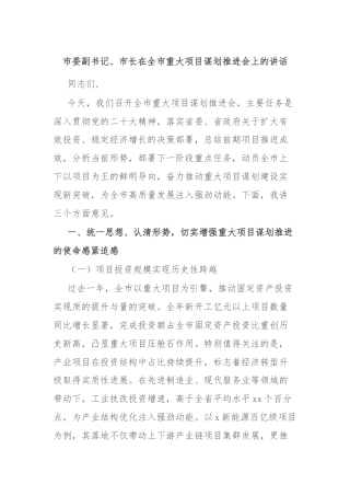 市委副书记、市长在全市重大项目谋划推进会上的讲话