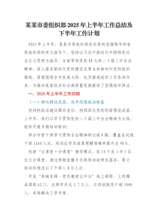 某某市委组织部2025年上半年工作总结及下半年工作计划