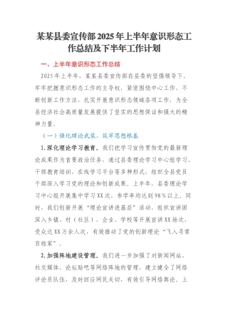 某某县委宣传部2025年上半年意识形态工作总结及下半年工作计划