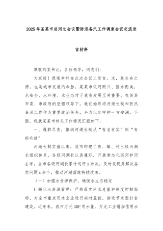 2025年某某市总河长会议暨防汛备汛工作调度会议交流发言材料