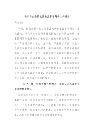 县长在全县民政资金监管专题会上的讲话
